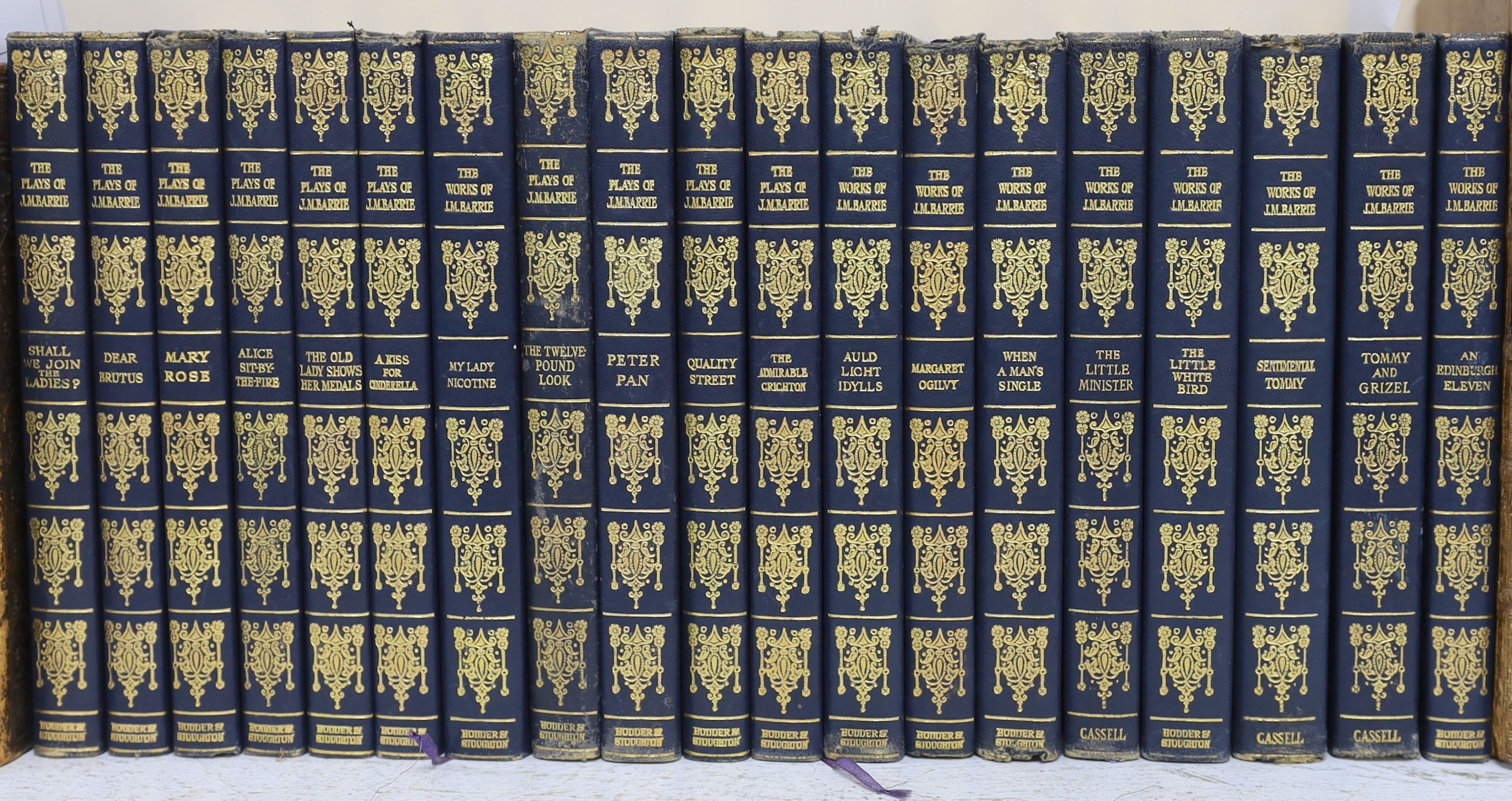 Barrie, J.M - The Plays (10 vols) and The Works (9 vols), uniformly bound in blue leatherette, with gilt lettered and decorated spines, Cassell & Company Ltd; London, 1928-30 (19 vols)